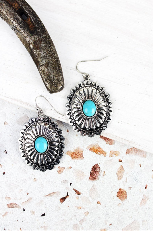 TURQUOISE AND SILVERTONE ZORA CONCHO EARRINGS