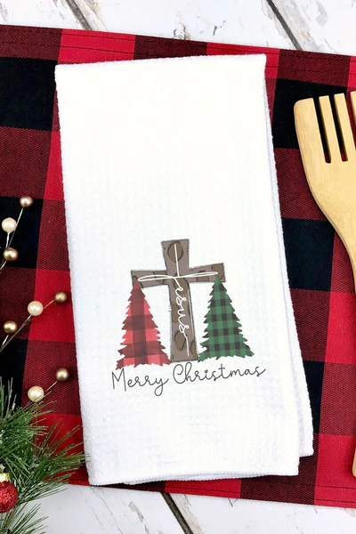 Cross Trees Merry Christmas Jesus Waffle Kitchen Towel