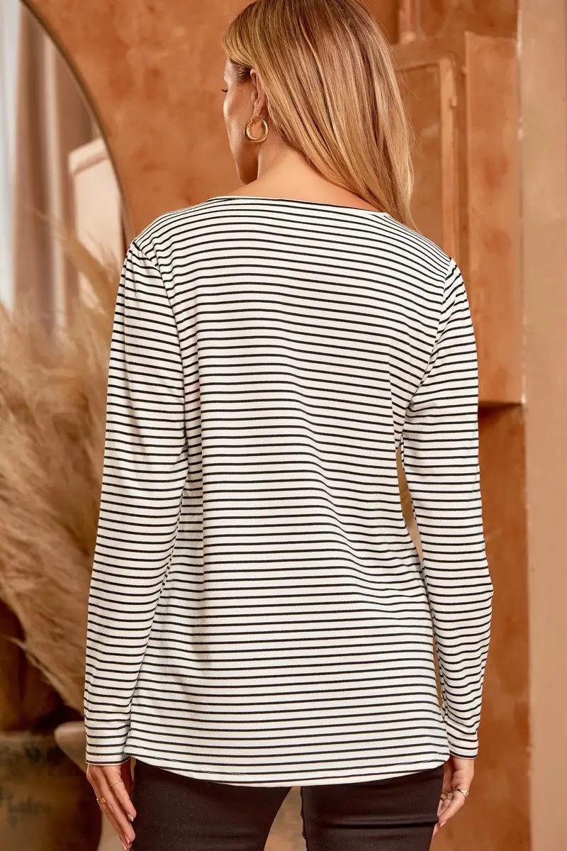 Black and White Striped Embroidered Top