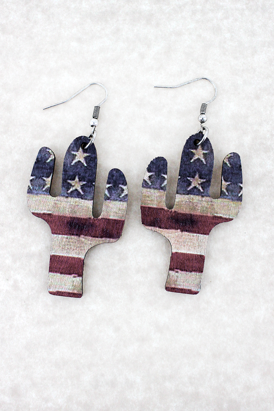 AMERICAN FLAG CACTUS WOOD EARRINGS