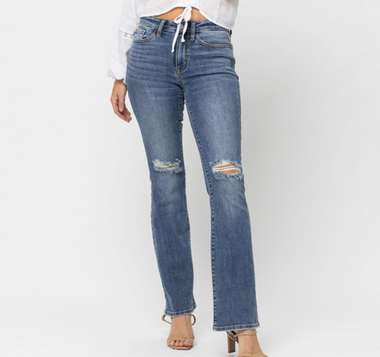 Judy Blue Distressed Mid-Rise Bootcut Medium Wash Jeans