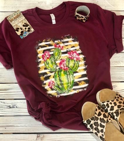 Flowering Cactus with Leopard Print Maroon Tee