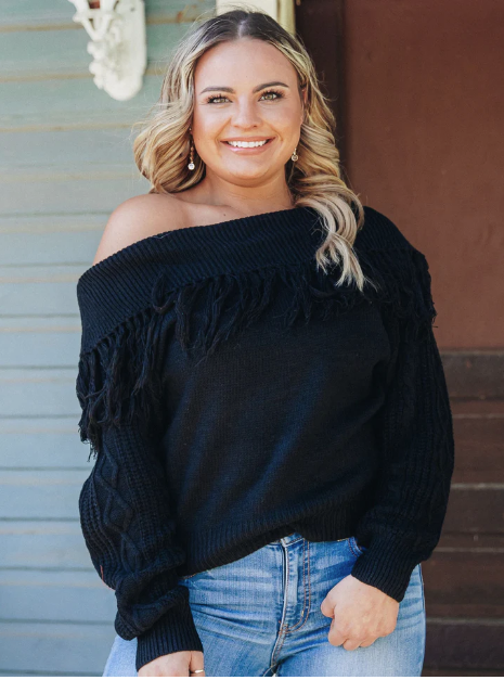 Total Frill Off The Shoulder Fringe Sweater in Black