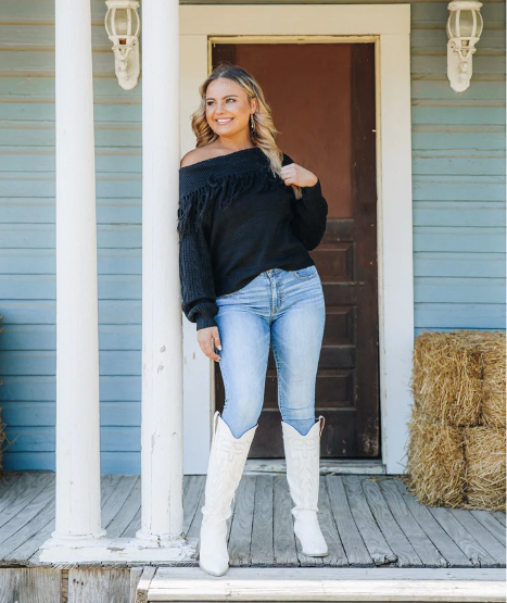 Off shoulder fringe clearance sweater