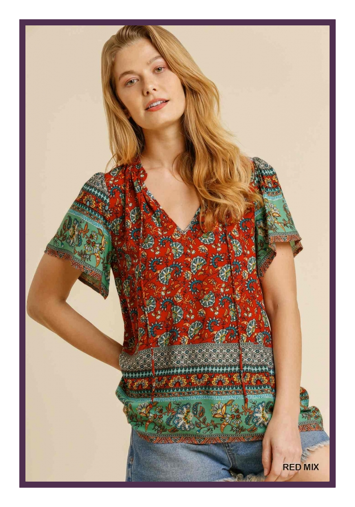 Paisley Print Mandarin Collar Top