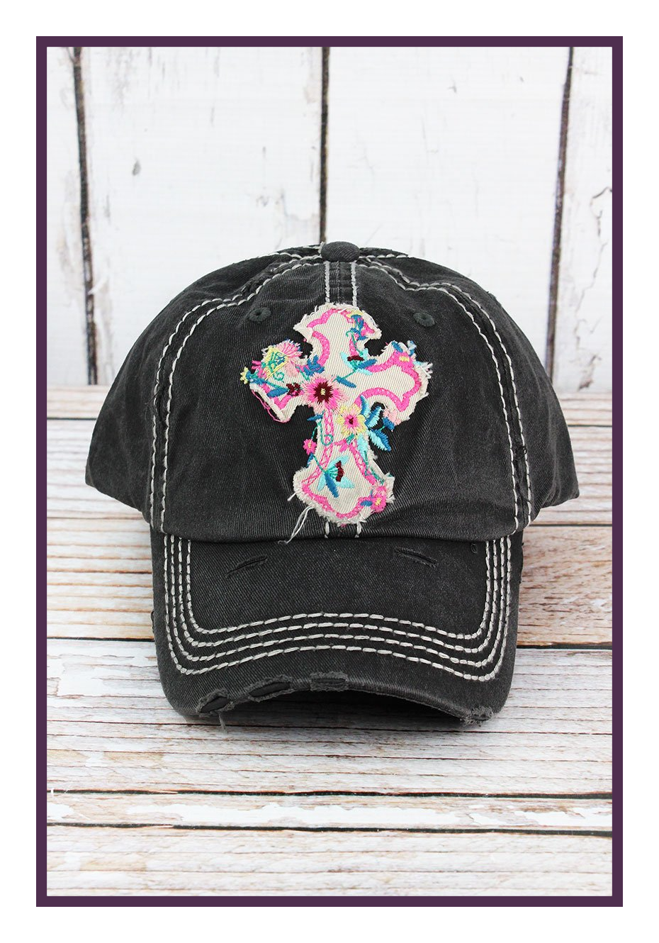 Distressed Floral Cross Hat