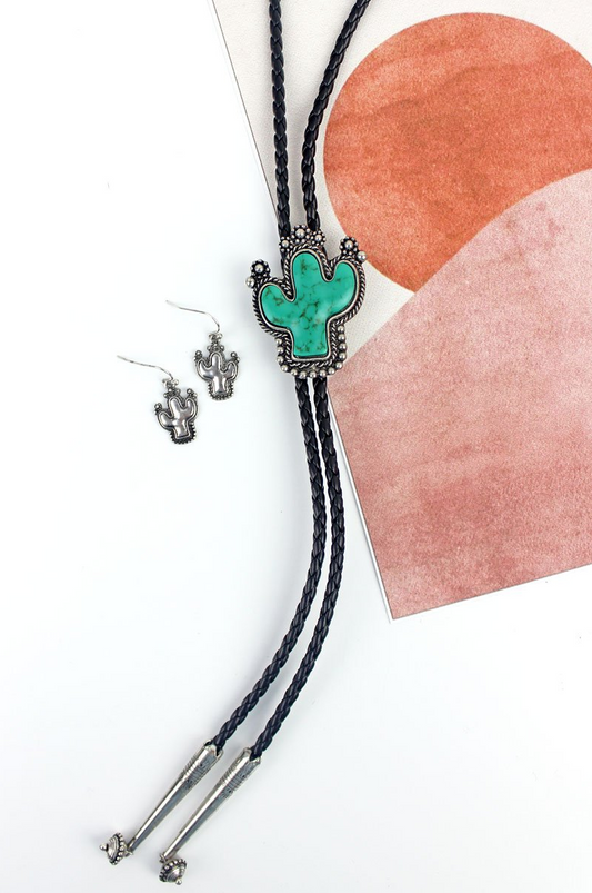 Turquoise Sandario Cactus Black Bolo Necklace and Earring Set