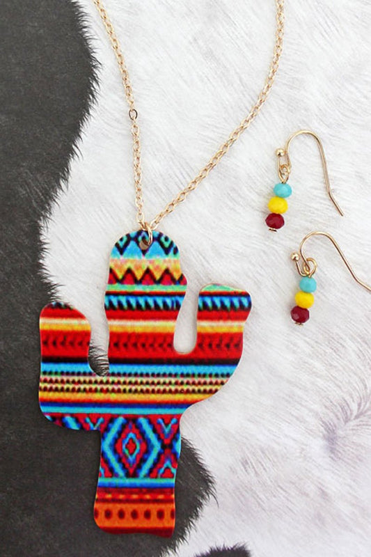 Yellow Serape Cactus Goldtone Necklace and Earrings Set